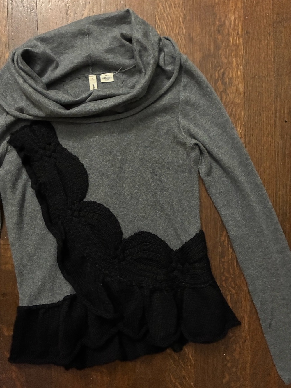 Anthropologie Moth Gray Cashmere Cowl Neck Sweater with Black Knit Overlay